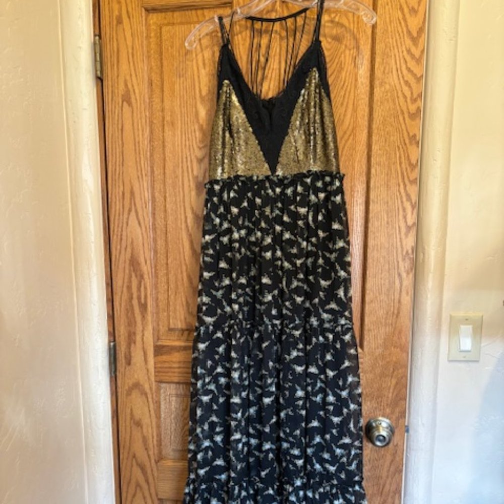 Ranna Gill black full length, sleeveless chiffon with gold/brass sequin beading